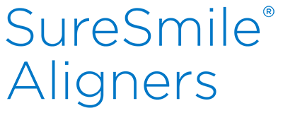The image shows a logo with the text  SureSmile Aligners  displayed below a stylized smile.