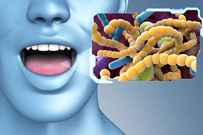 The image features a 3D rendering of a human face with an open mouth, placed next to a microscopic view of bacteria, suggesting a theme related to oral health or germs entering the mouth.