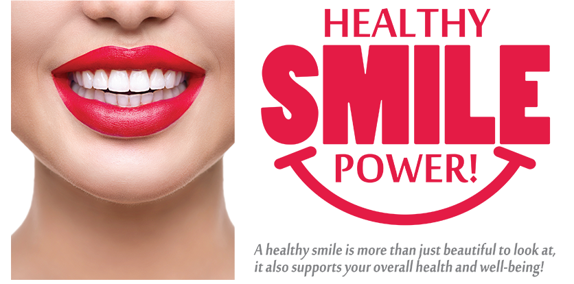 The image features a close-up of a woman s face with red lipstick, overlaid with text that reads  HEALTHY SMILE POWER  and includes a graphic design element resembling a smile.